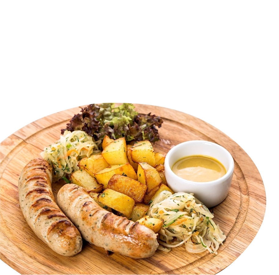 Баварские колбаски с картофелем и горчичным соусом вес нетто 250 гр.+/- 5 гр.